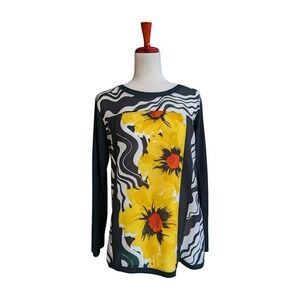 Harari  Floral Print Long Sleeve Top Black Yellow White Abstract Wave Size Small